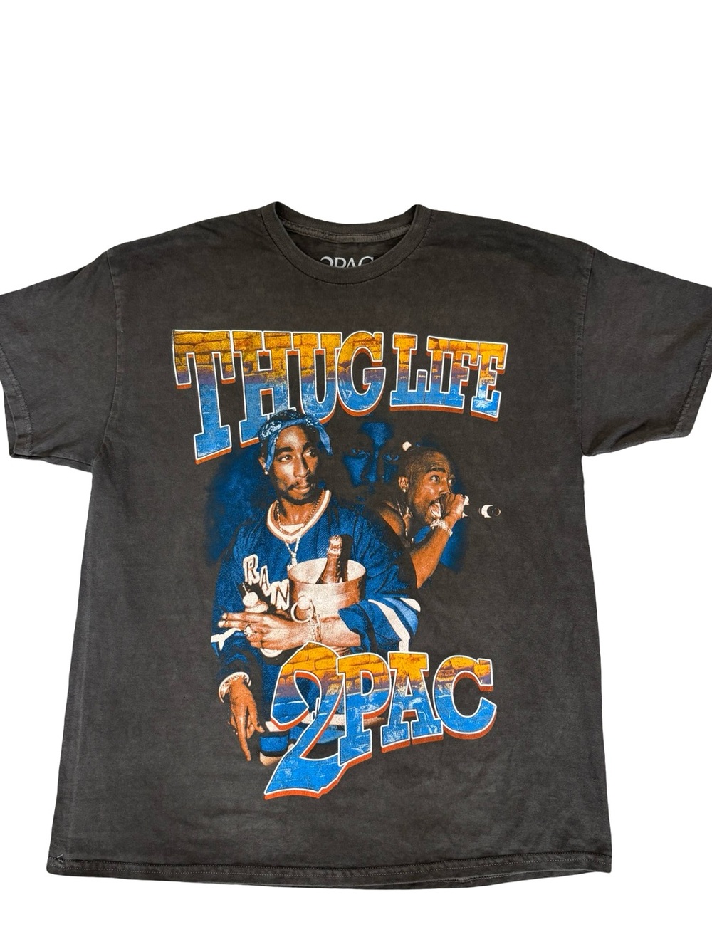 Thug Life 2Pac Graphic Tee - Black with Blue & Orange Print L
